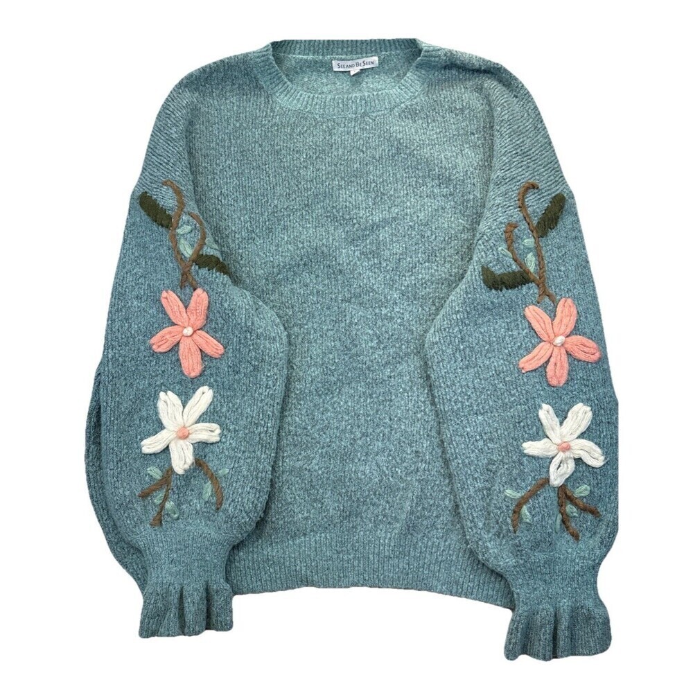 See And Be Seen Green Embroidered Floral Sweater Women's L Ruffle Cuff Pullover - Picture 1 of 7